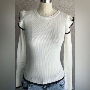 White Ruffle Trim Ribbed Top